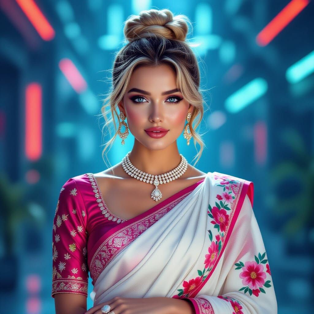 Cyberpunk Woman in Saree with Floral Prints