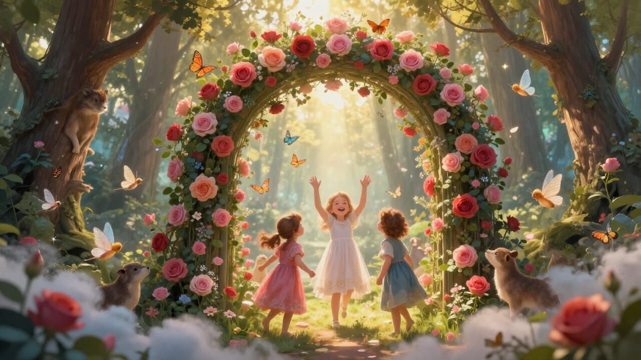 Enchanted Rose Archway with Joyful Children and Fairies