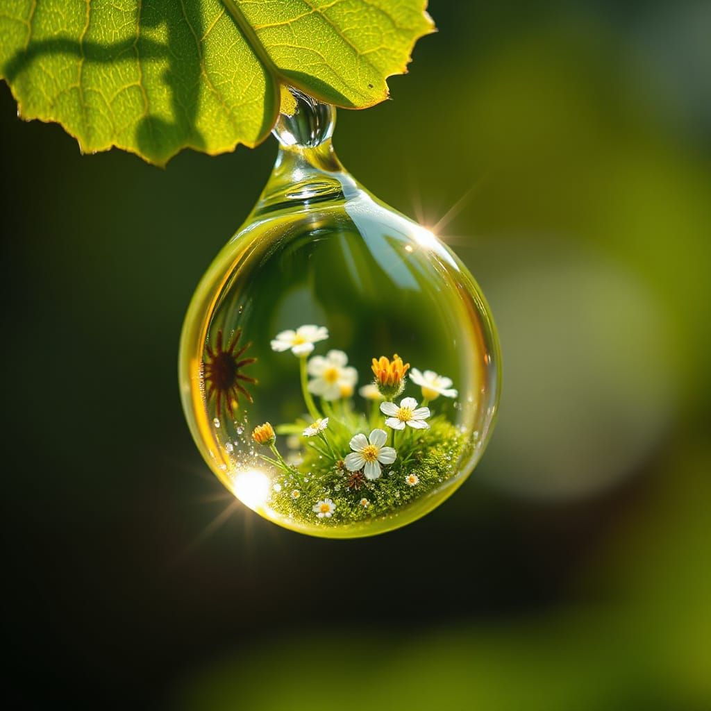 Macro Water Drop Reflecting Summer, Hyperrealistic 3D