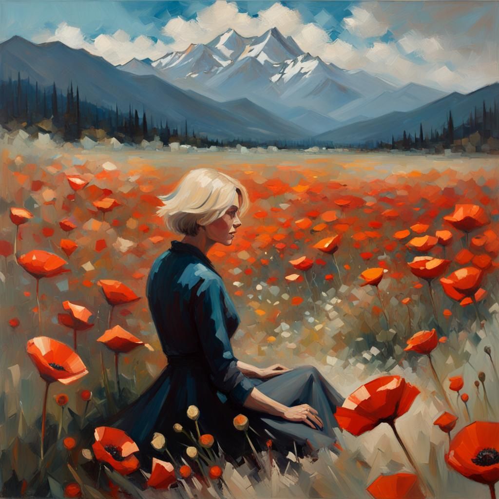 Woman in Poppy Field: Impasto Oil Painting
