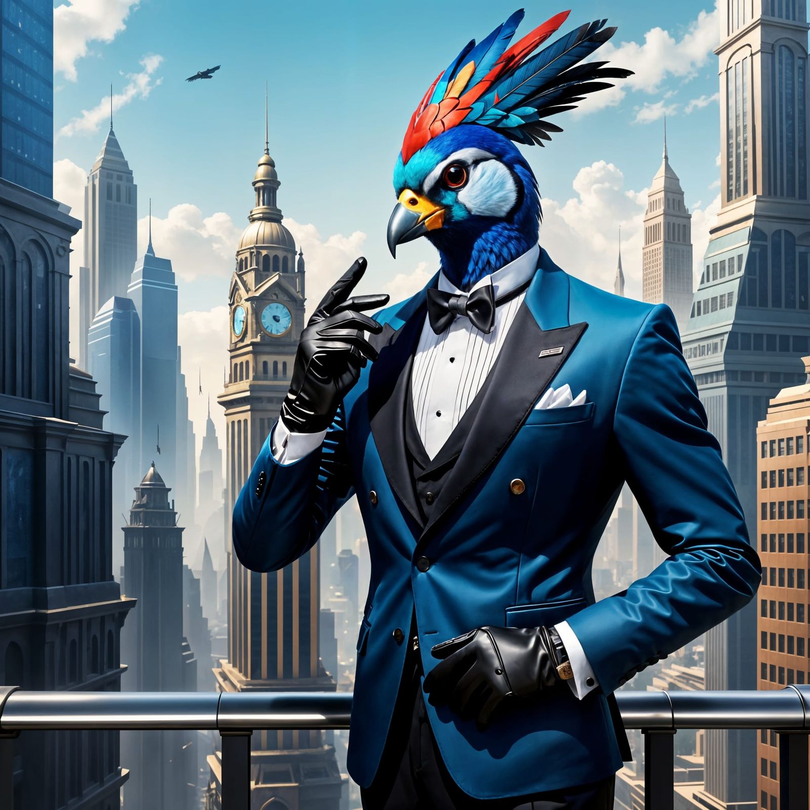 Dapper Avian Diplomat in Futuristic Cityscape