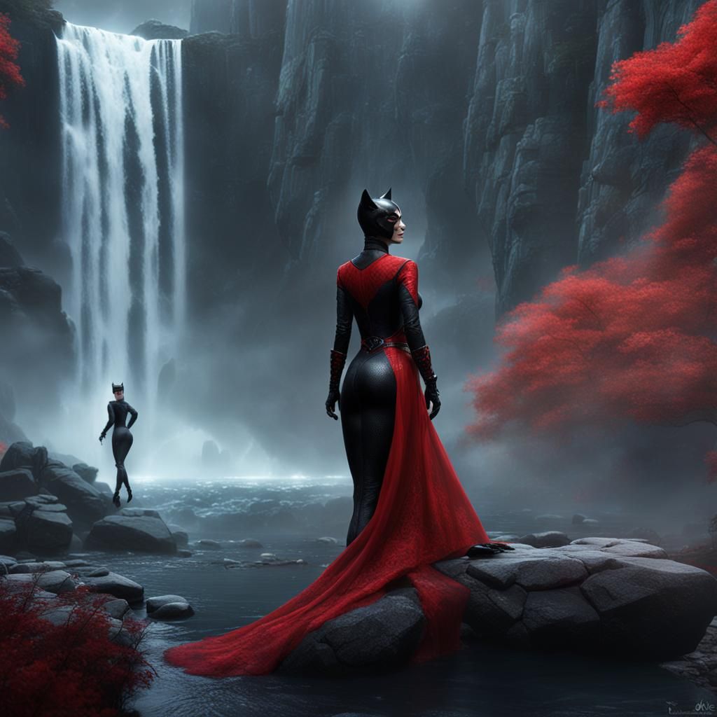 Catwoman in Red and Black Dress by Waterfall