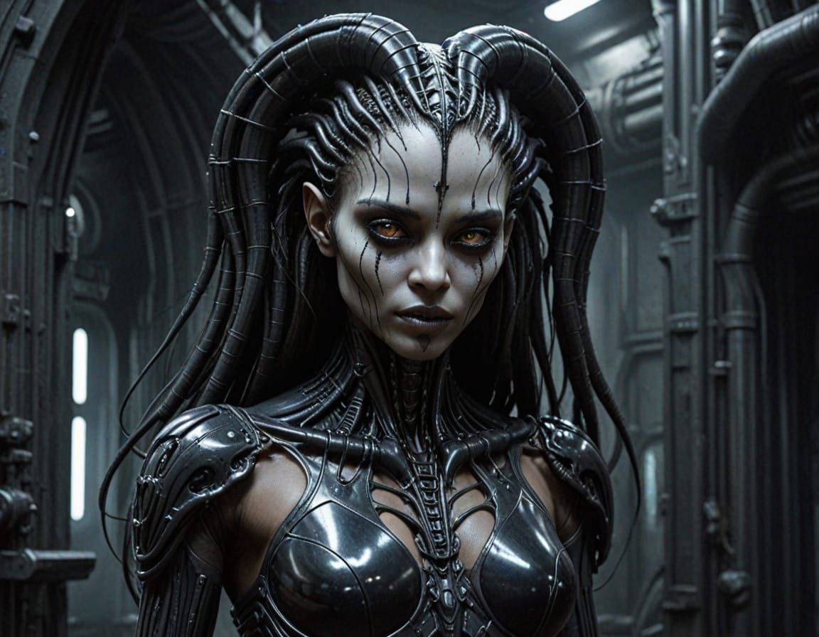 Ethereal Dark-Skinned Alien Goddess in Cyberpunk Style