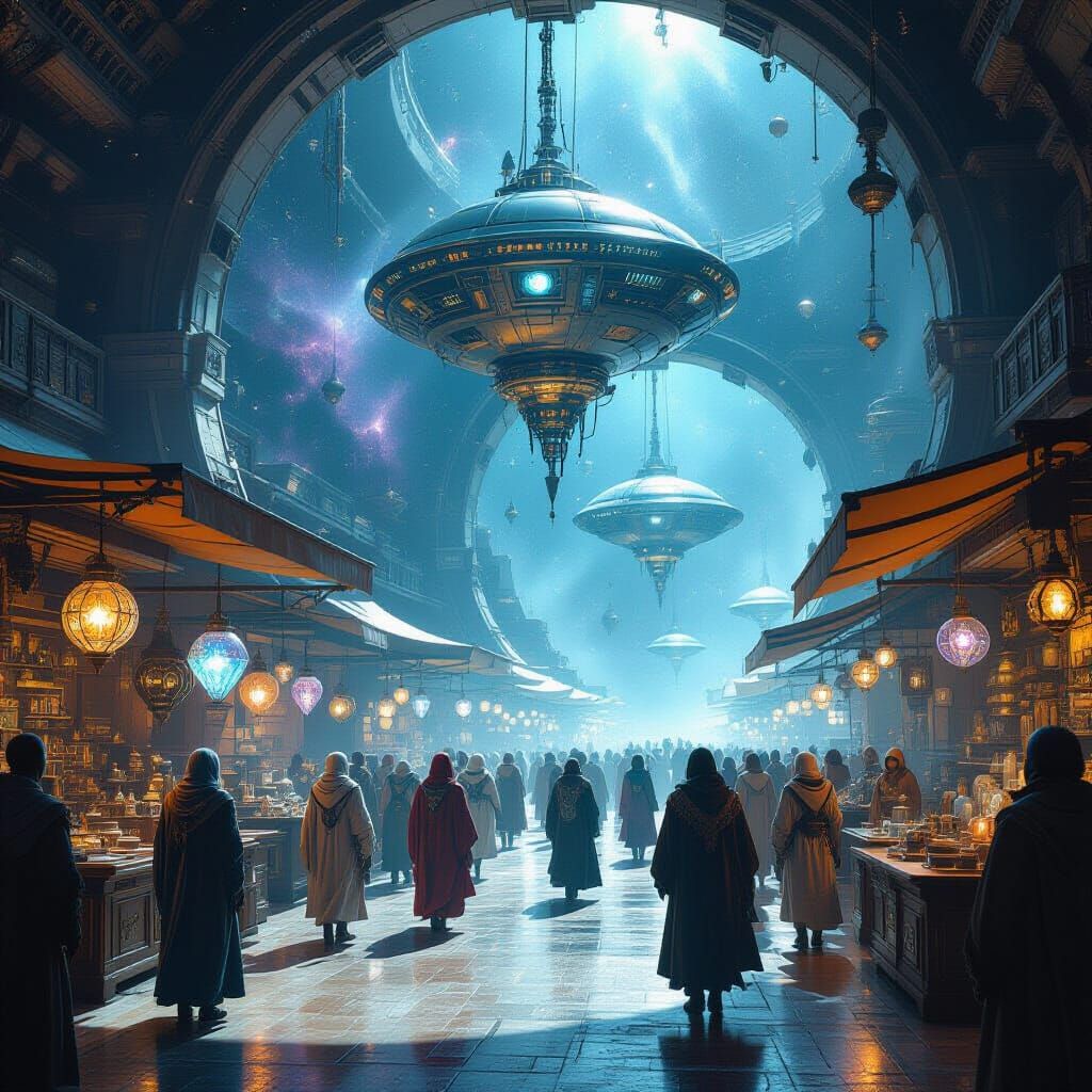 Zero-Gravity Marketplace in Space: Cinematic Sci-Fi Art