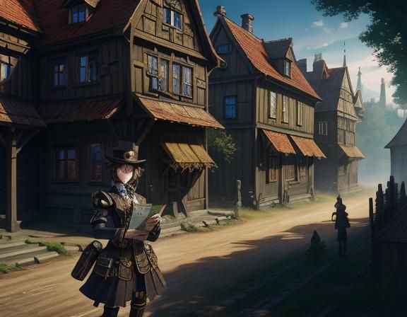 Steampunk Anime Woman in Latvian Village