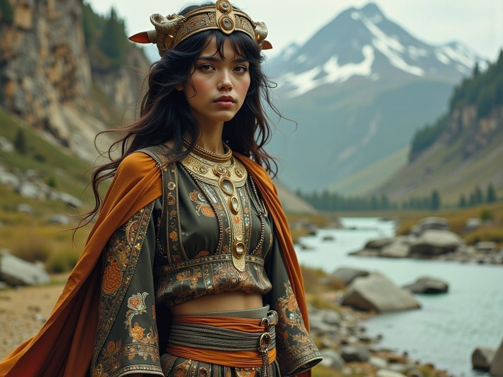 Ceremonial Minotaur in Siberian Tiger Attire Overlooking Mou...