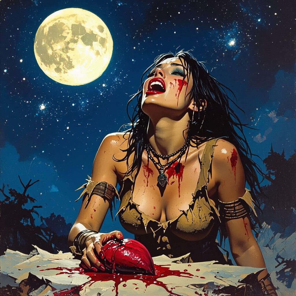 Primal Woman Devouring Heart in Eerie Fantasy Art