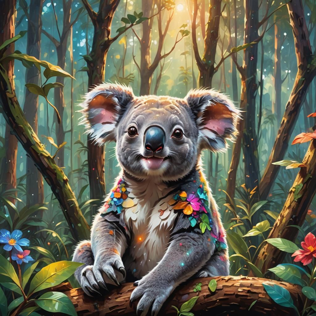 Smiling Koala in Forest: Fantasy Oil Painting