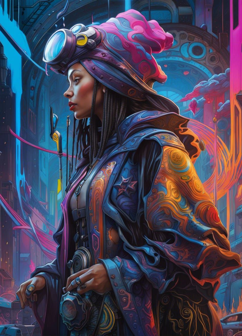 Cyberpunk Wizard Casting Magic in Graffiti Style