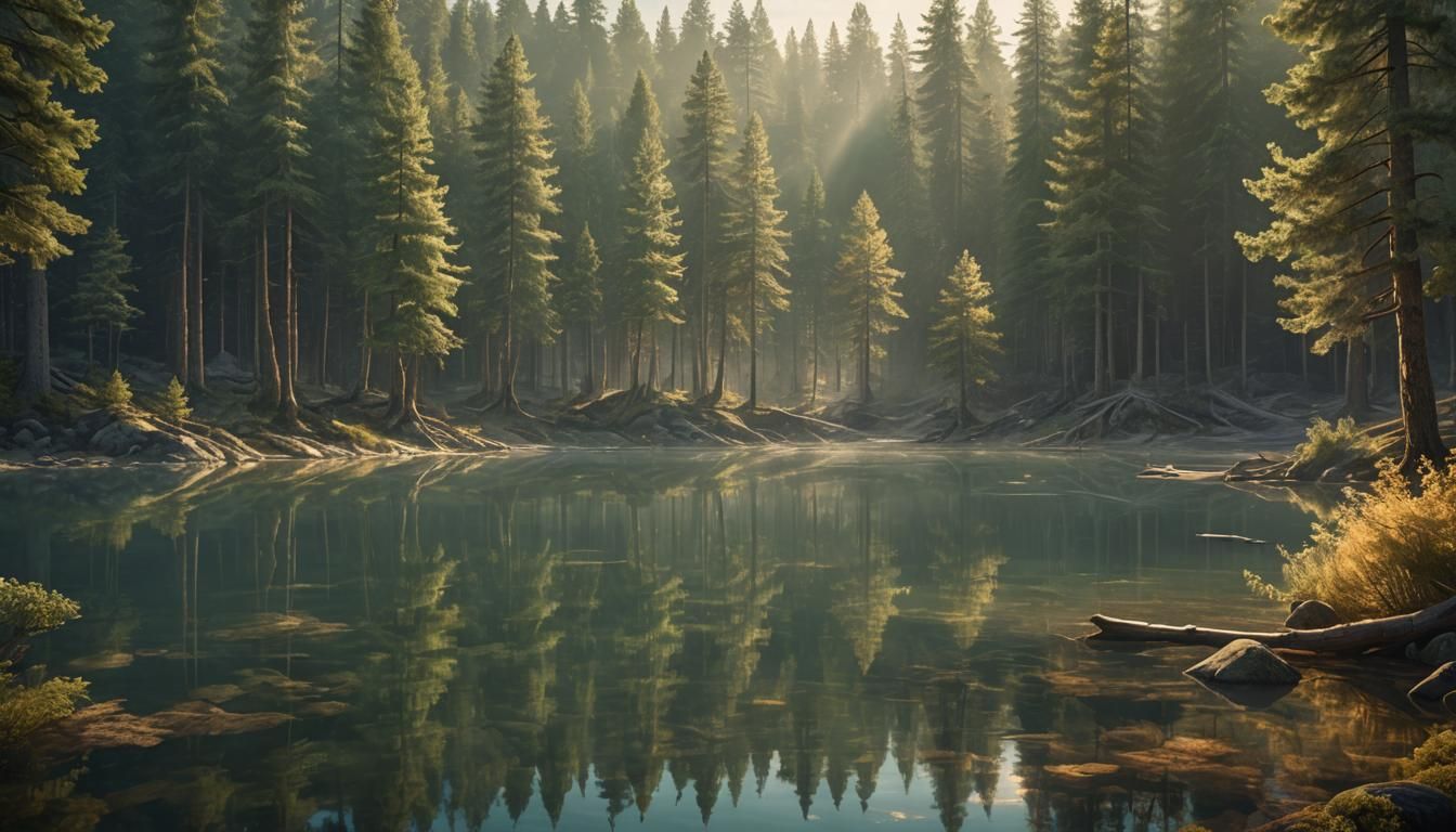 Serene Lake Reflecting Pine Forest: Digital Matte Painting