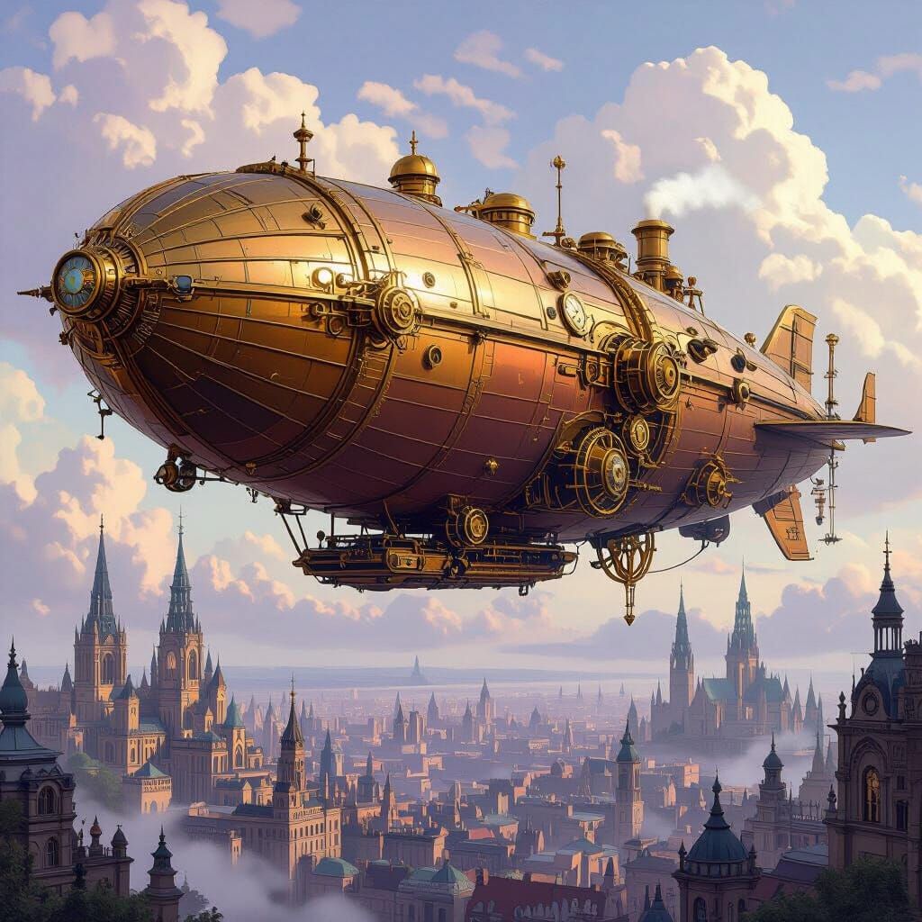 Steampunk Airship over Gothic Cityscape