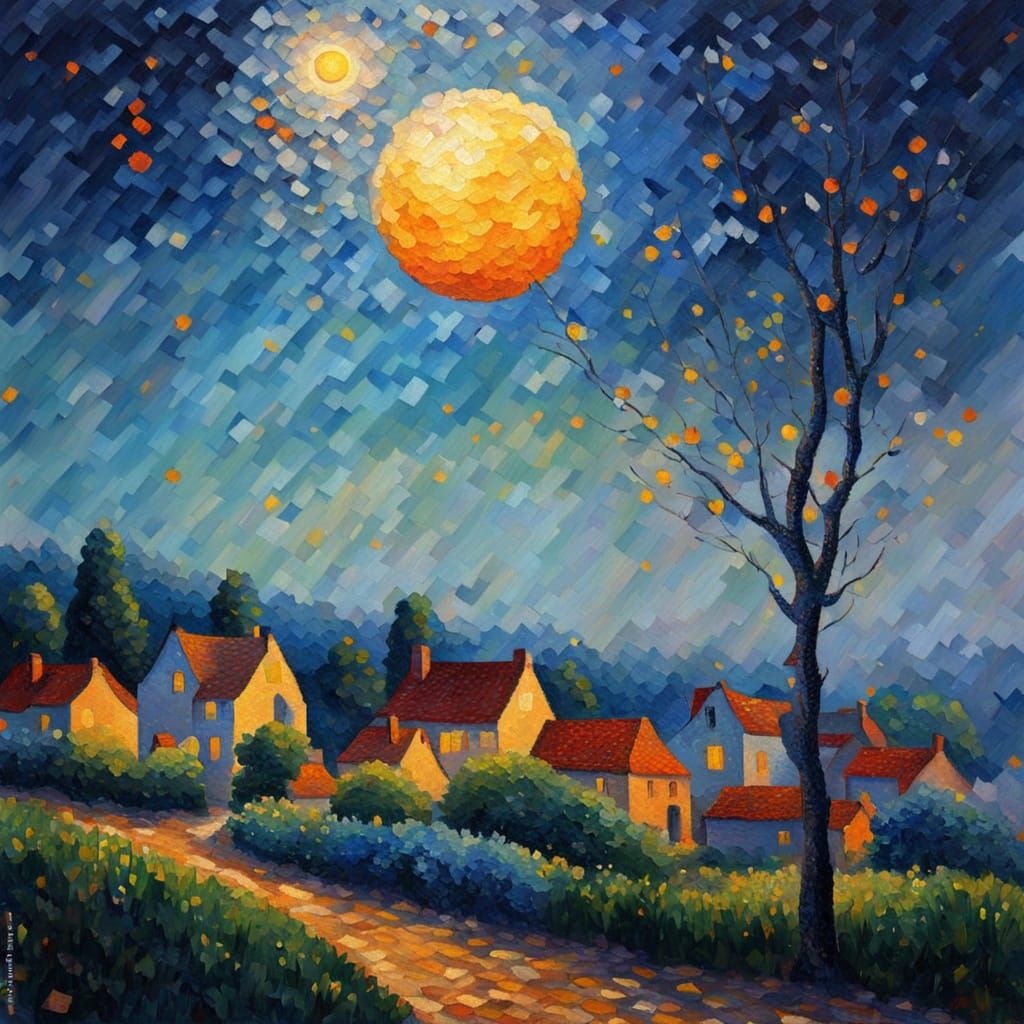 Seurat Inspired Moonlit Village Oil Painting