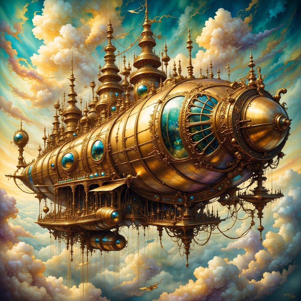 Steampunk Lion Airship Soaring Through Cloudscape