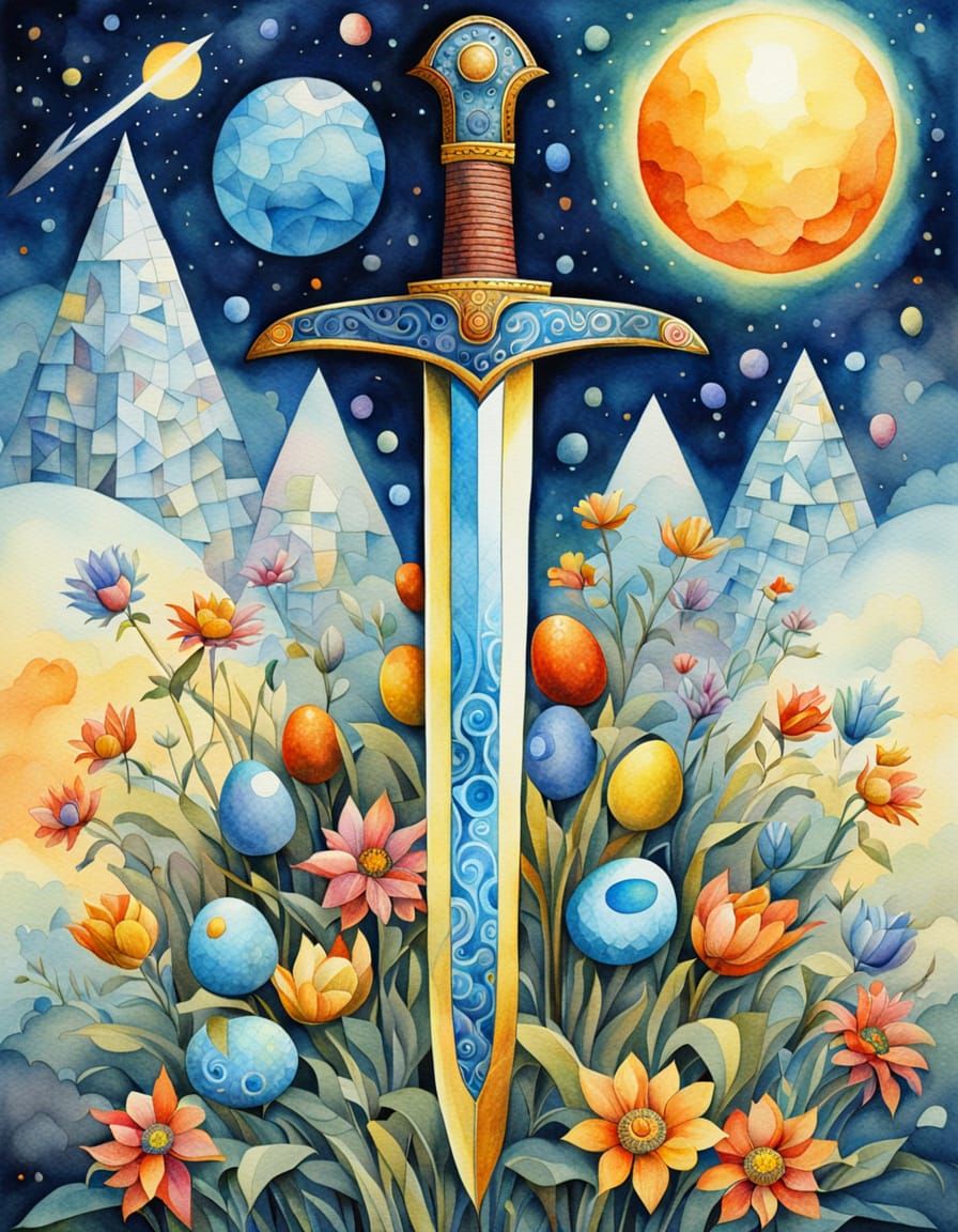 Vibrant Space Knight's Sword in Cubist Watercolor Style