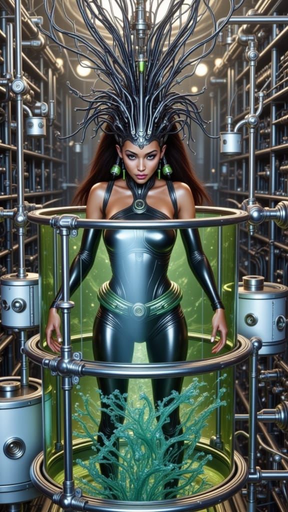 Cyberpunk Woman in Green Tube with Wired Helmet