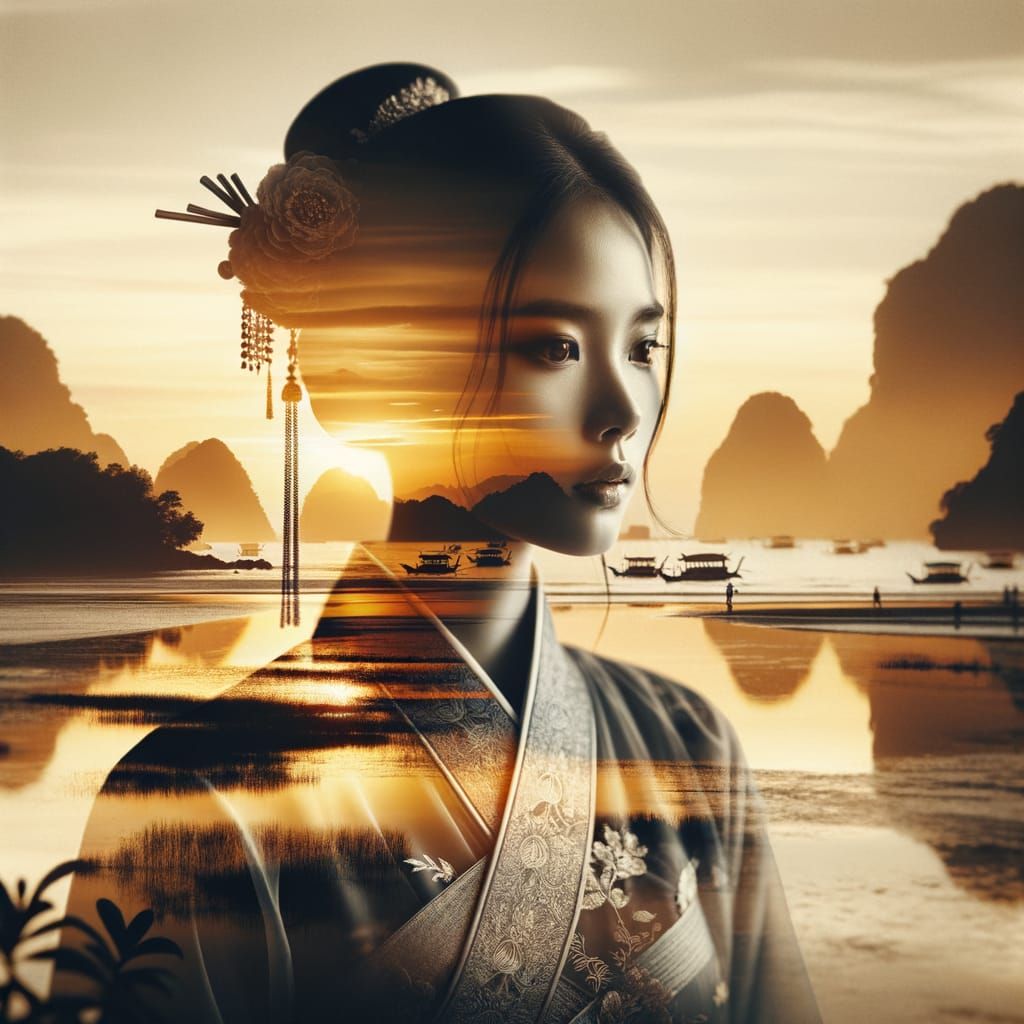 Elegant East Asian Woman Blurs into Sunset Seaside