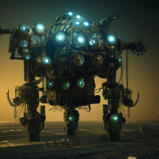 Steampunk Robot in Cyberpunk Cityscape