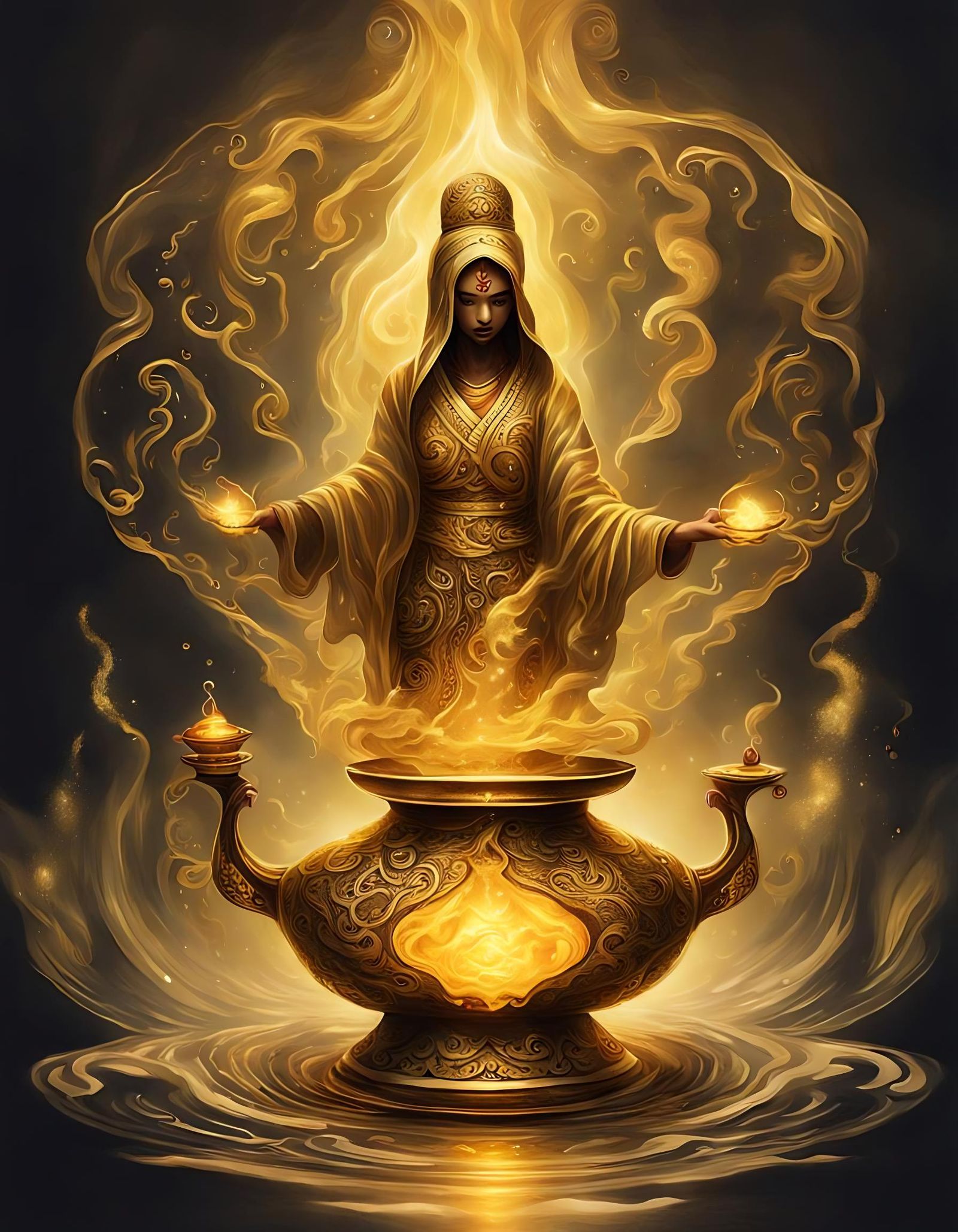 Golden Djinn Rising from Oil Lamp