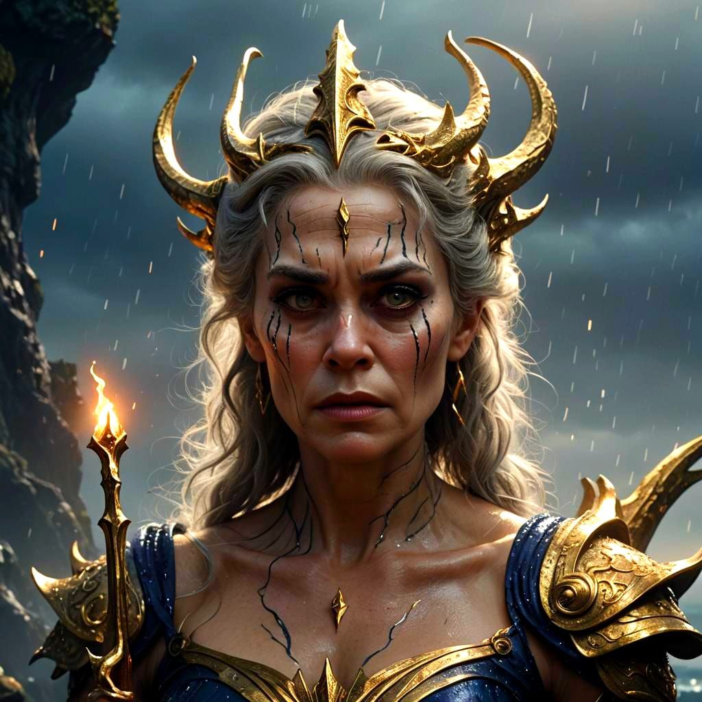 Ursula holding the trident lovingly with tears flowing down ...