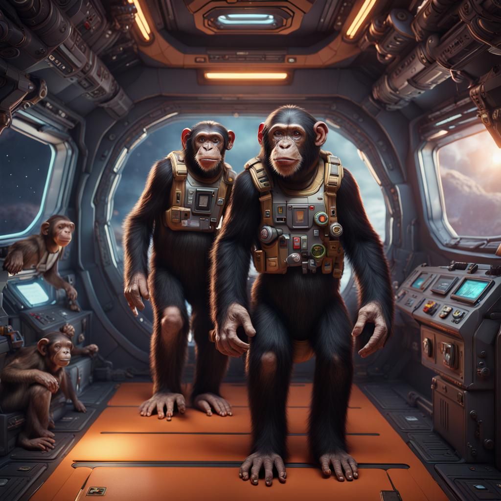 Chimpanzee Family in Spaceship, Fantasy Concept Art