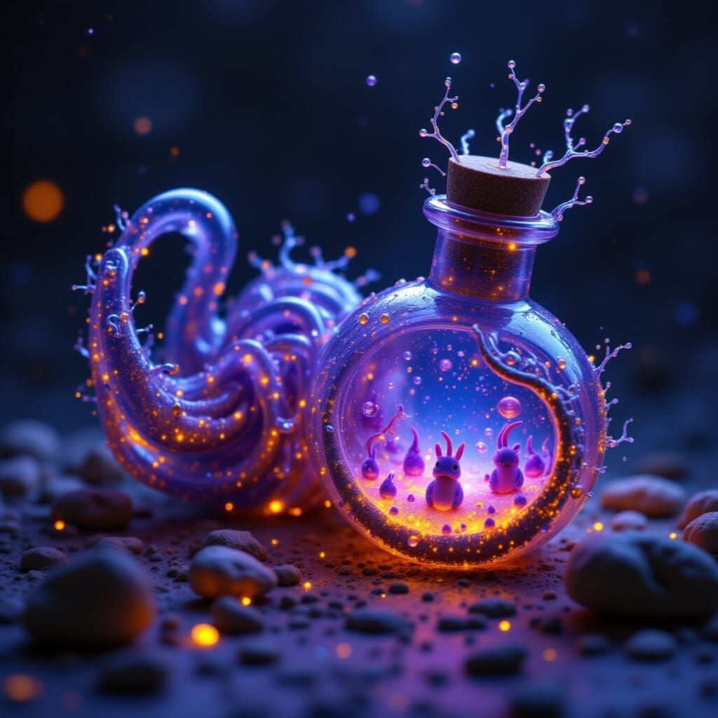 Whimsical Creatures Emerge from Mysterious Potion Bottle