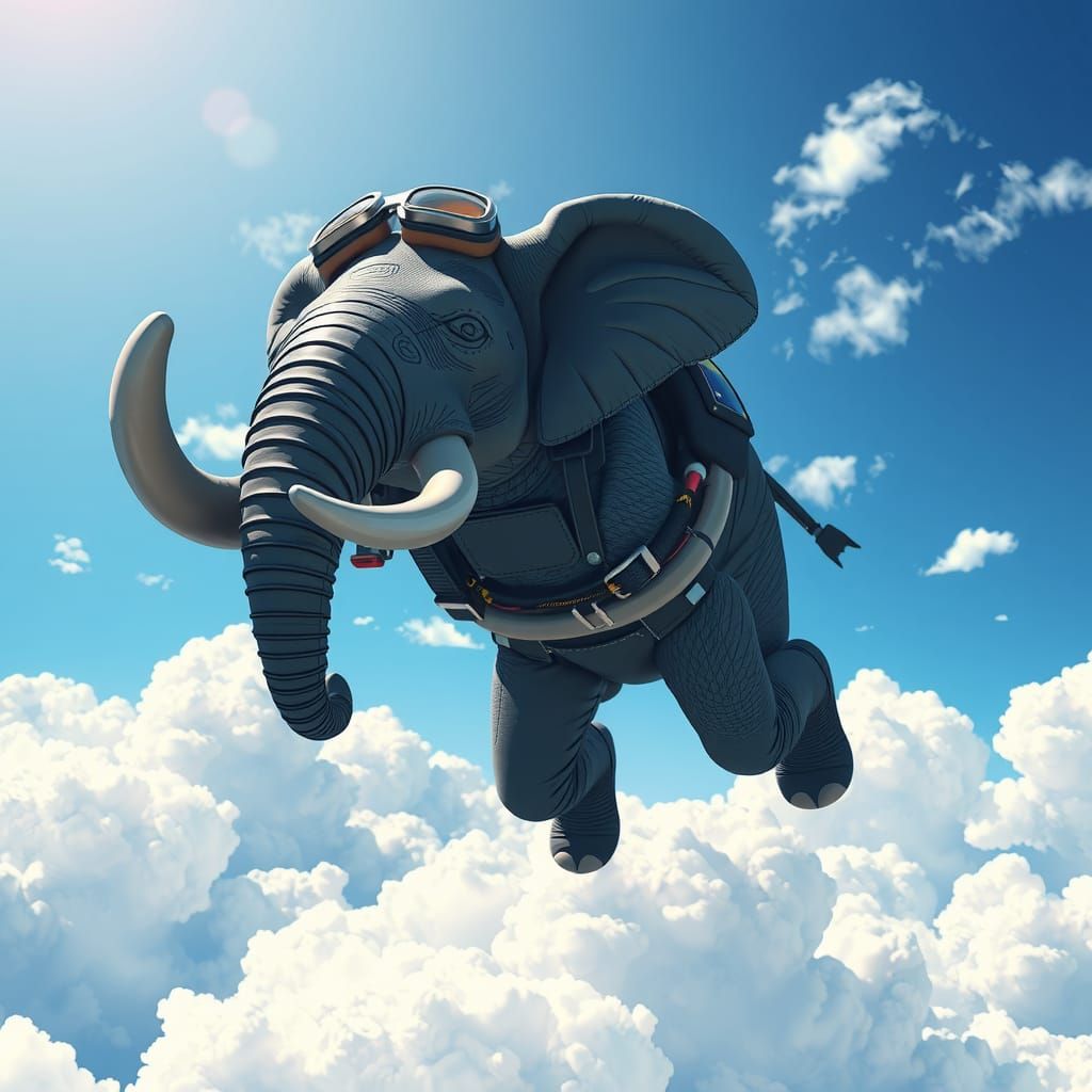 Elephant Skydiving in Anime-Inspired 3D Art