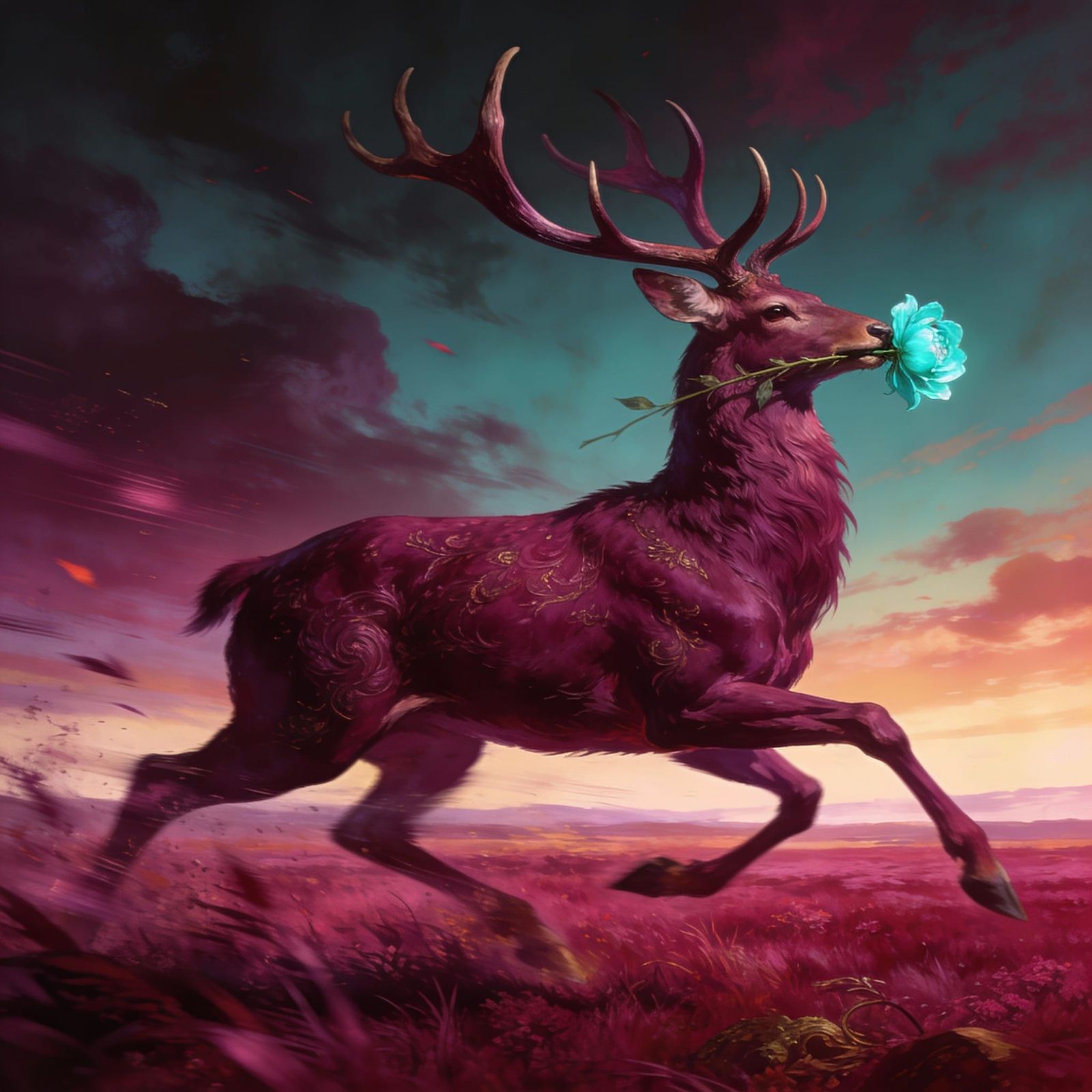 Plum Deer Runs Through Cranberry Field in Fantasy Masterwork...