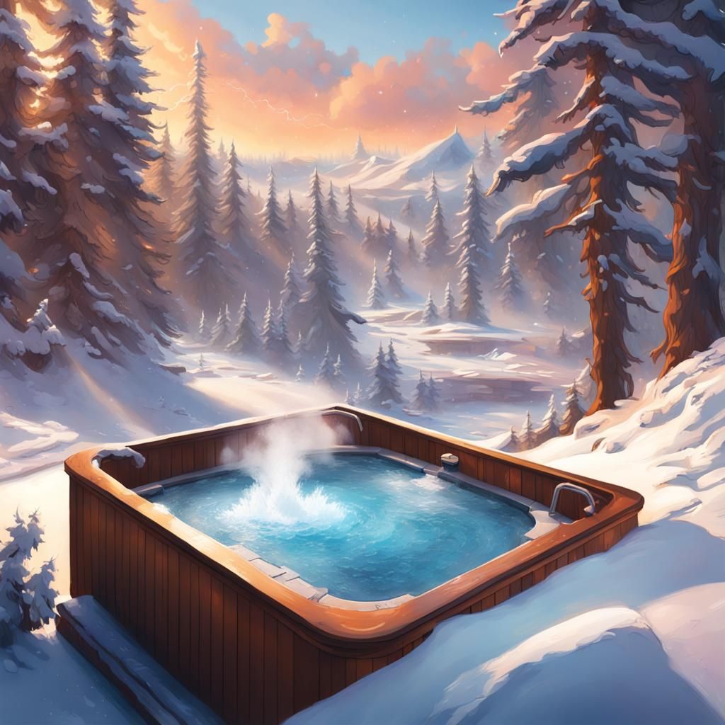 Snowy Landscape with Steaming Hot Tub in Splash Art