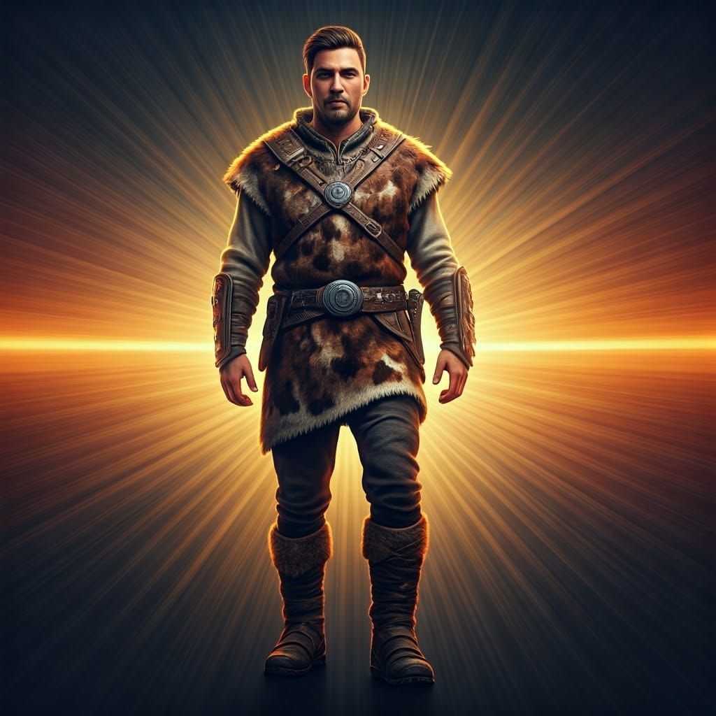 Man in Cow Hide Tunic with Dynamic Gradient Background