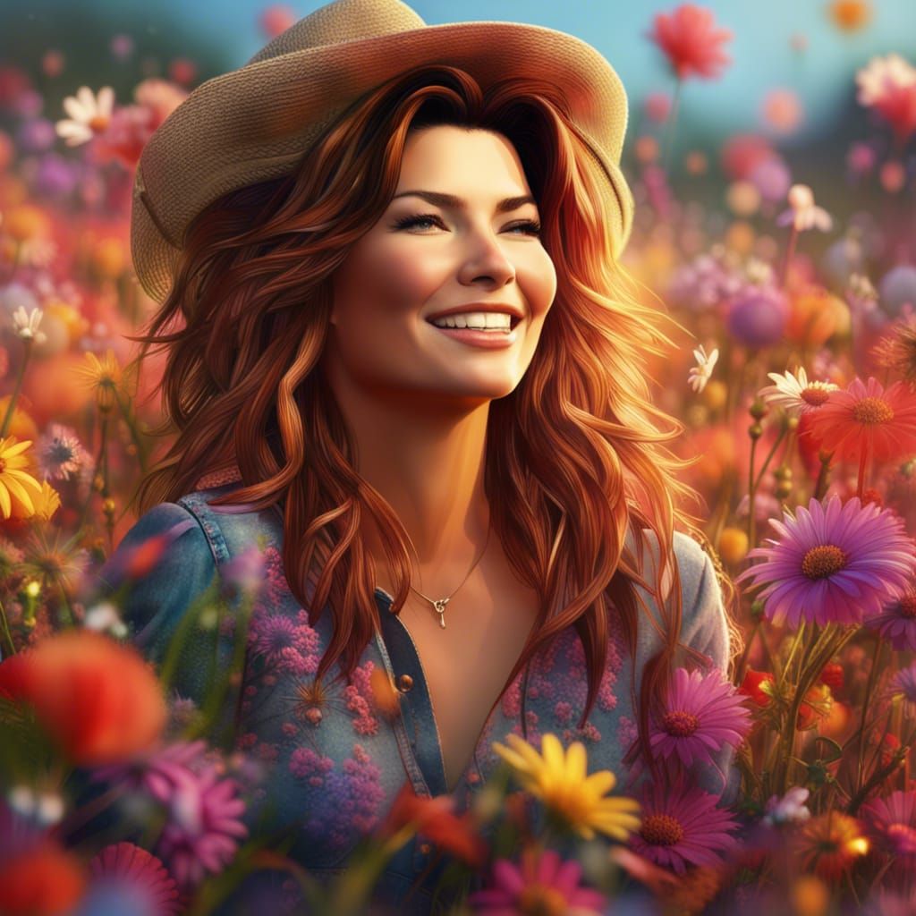 Shania Twain smiling in a field full offlowers