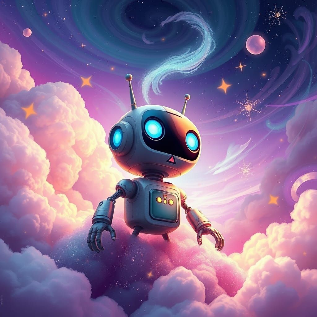 Surreal Robot Surrounded by Celestial Vortex