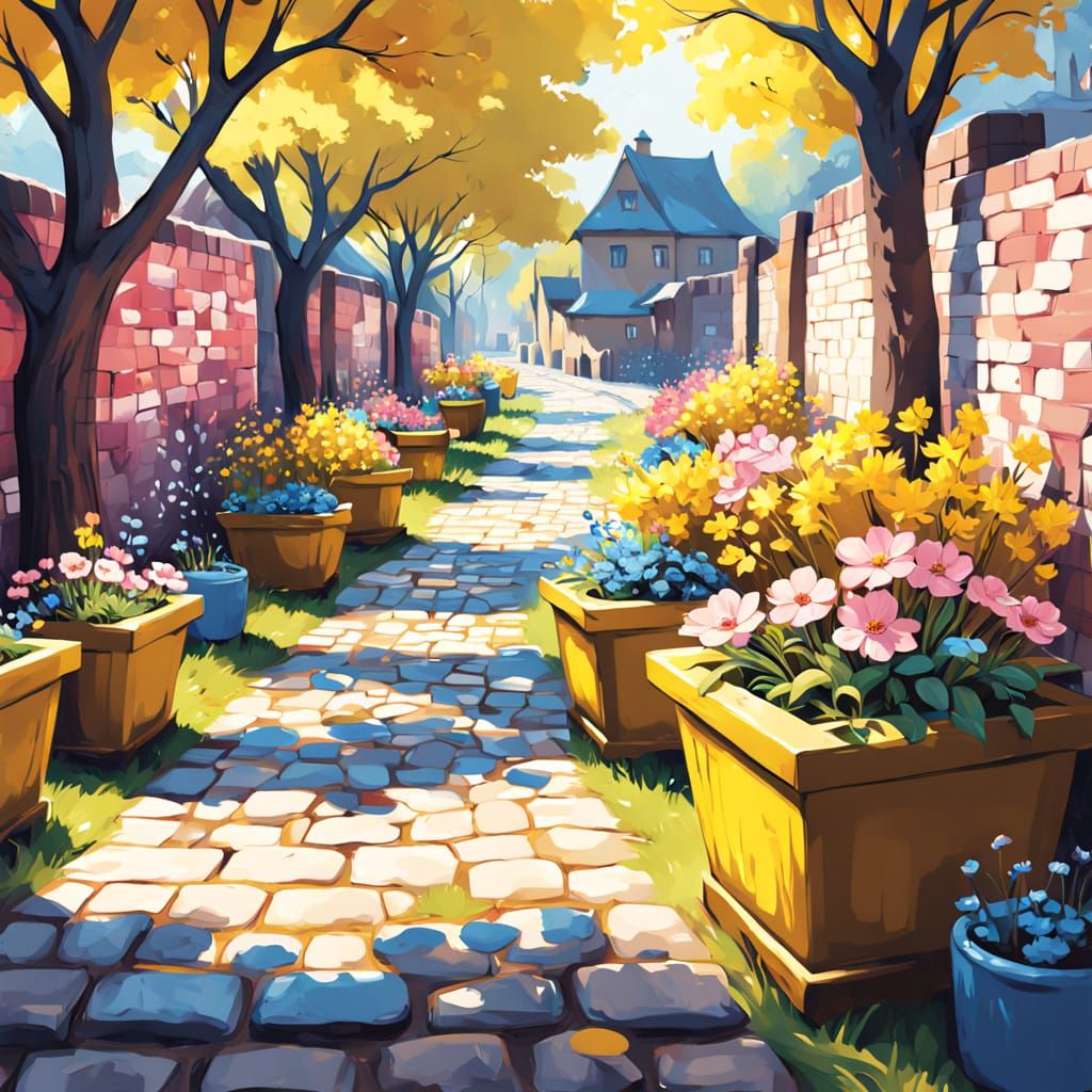 Graffiti-Inspired Village Under Vibrant Spring Skies