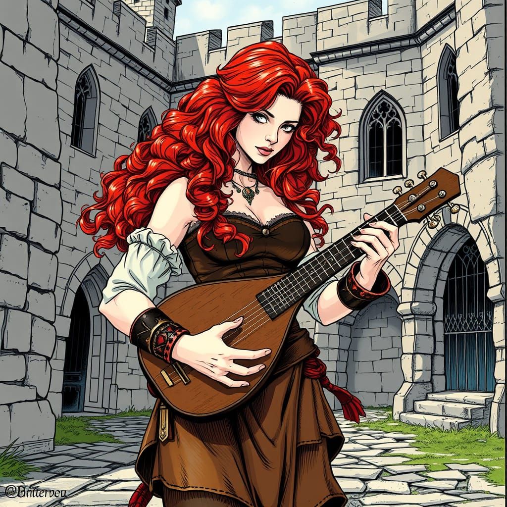 Medieval Bard Playing Lute in Inked Style