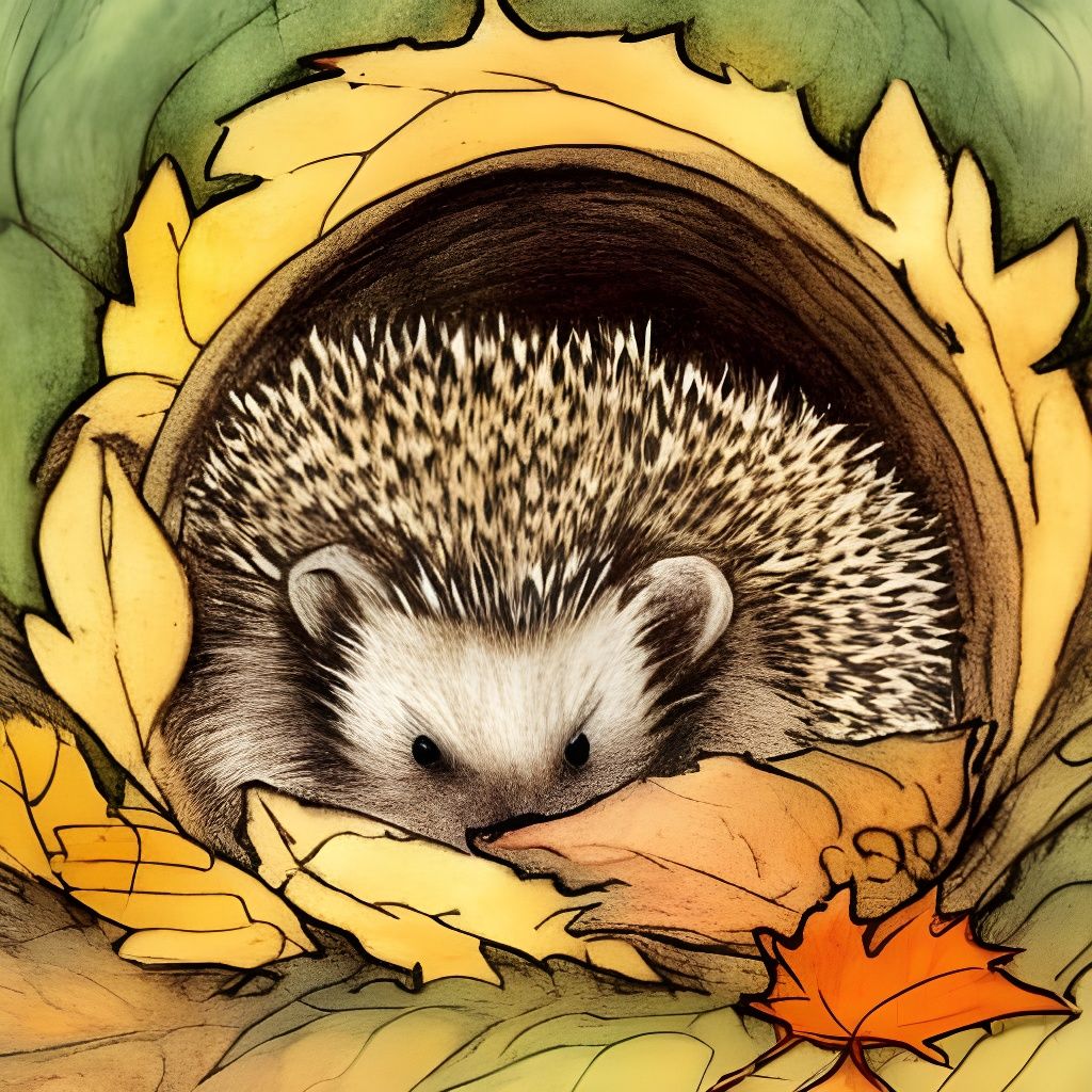Hedgehog Sleeping in Autumn Leaves, Storybook Illustration