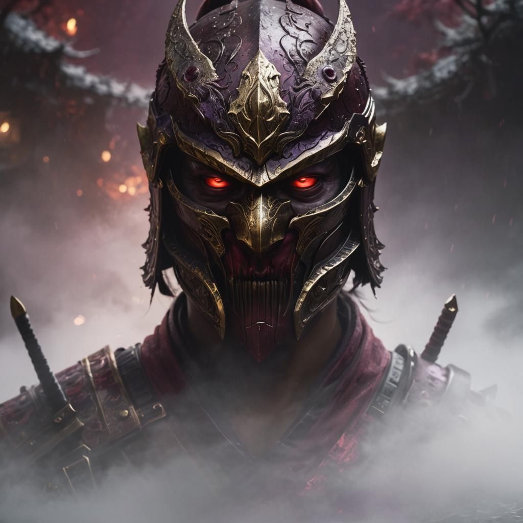 Epic Samurai in Foggy Lake, Dark Fantasy Art