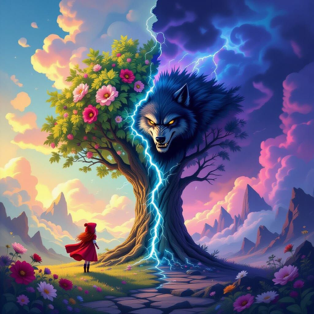 A massive tree stands in the middle, split in two by a crack...