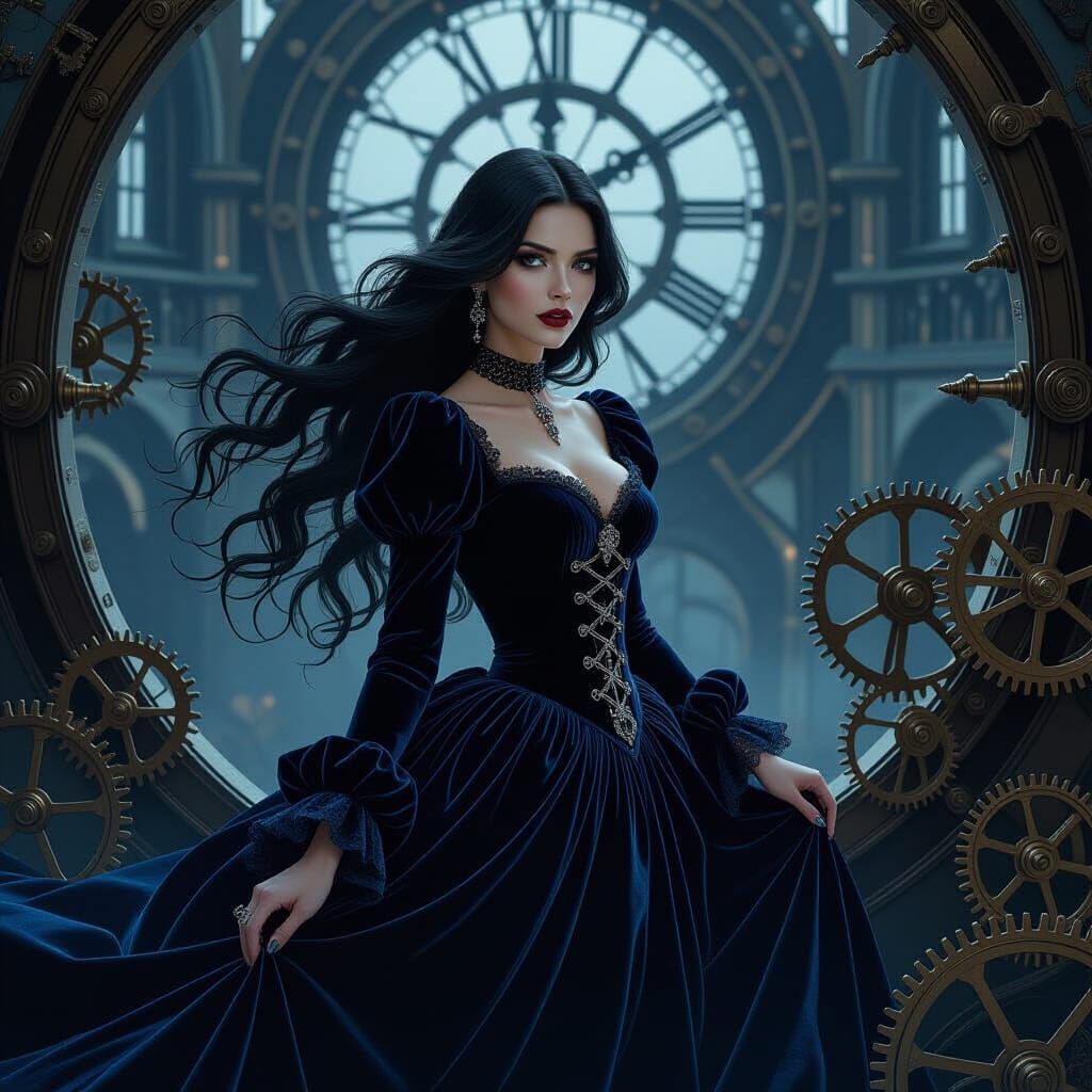 Gothic Woman in Clock Tower with Antique Timepieces