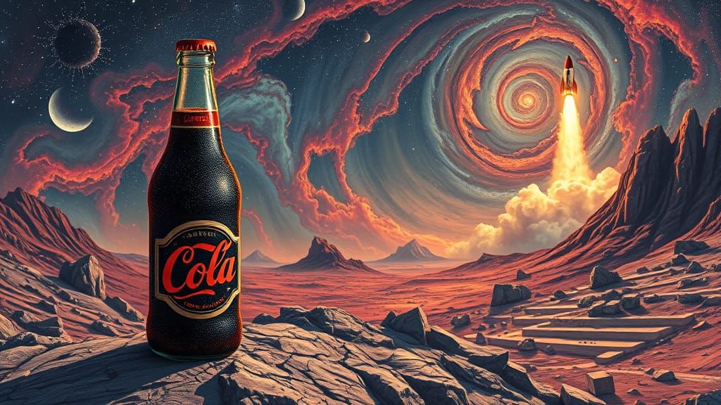 Cola Bottle on Alien Planet in Psychedelic Style