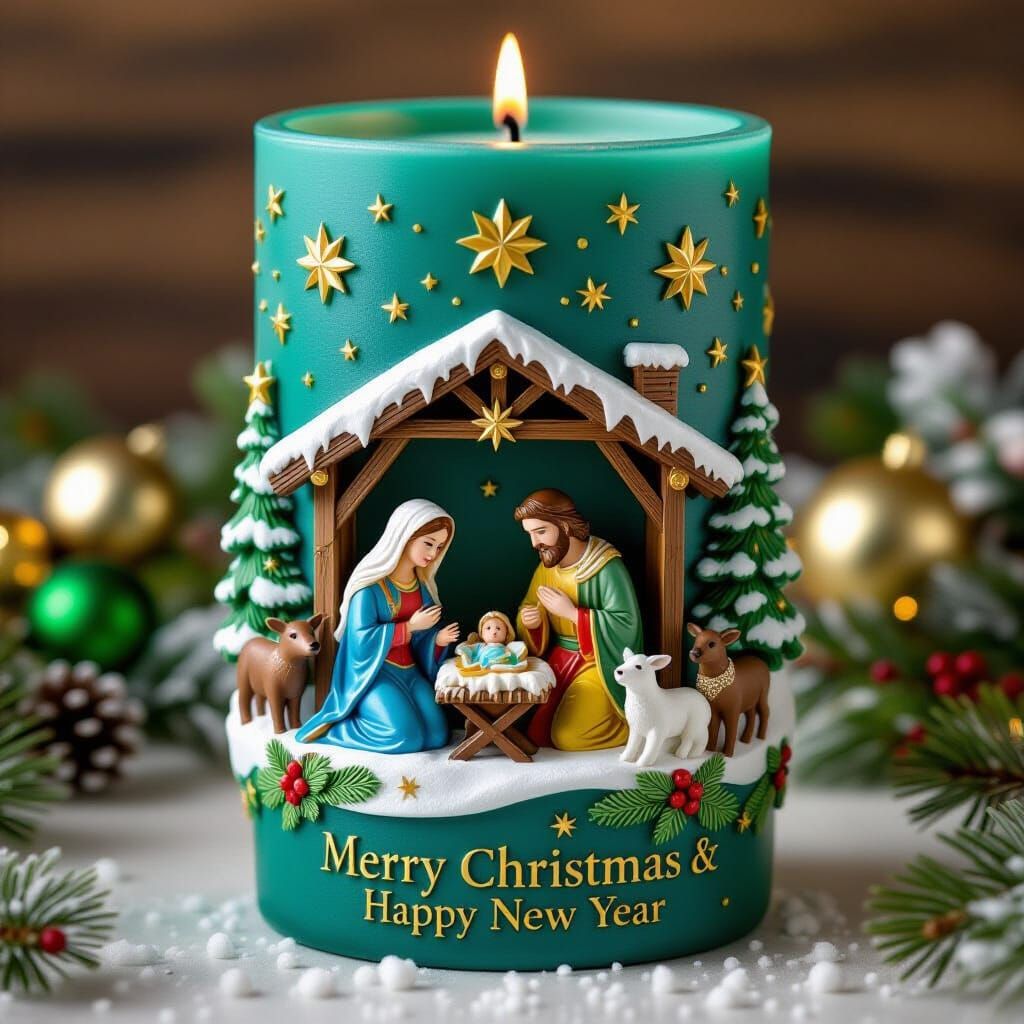 Teal Candle with Nativity Scene and Holiday Decorations