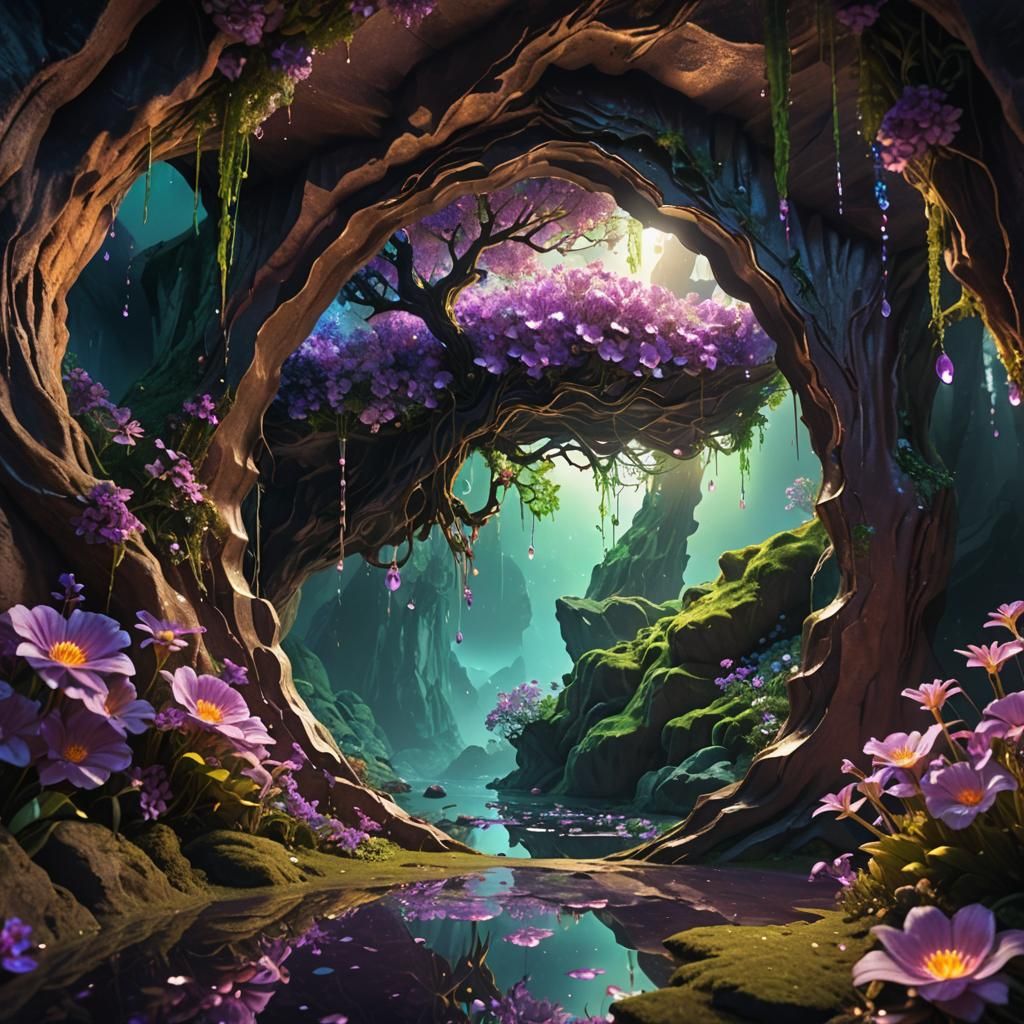 Mystical Mirror on Flower-Adorned Tree in Cave