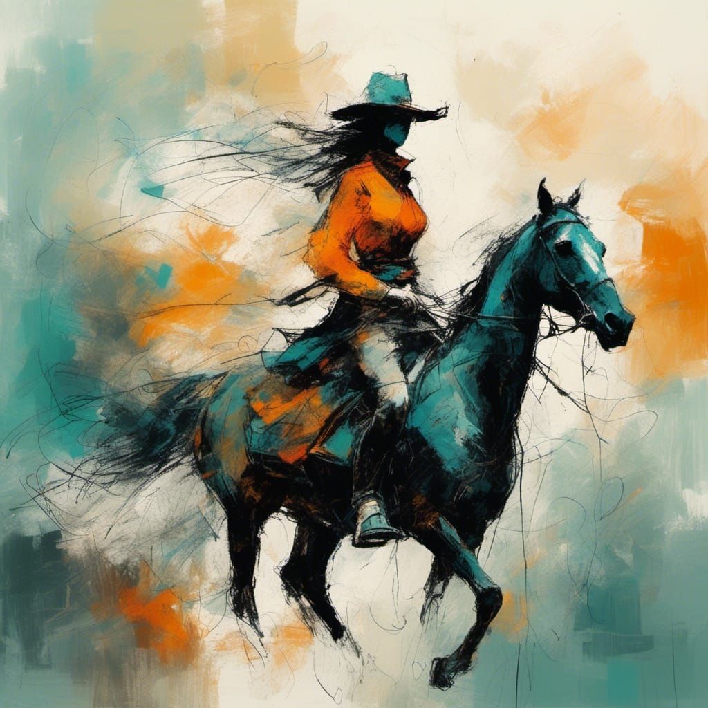 Colorful Woman Sheriff on Horse in Scribble Art