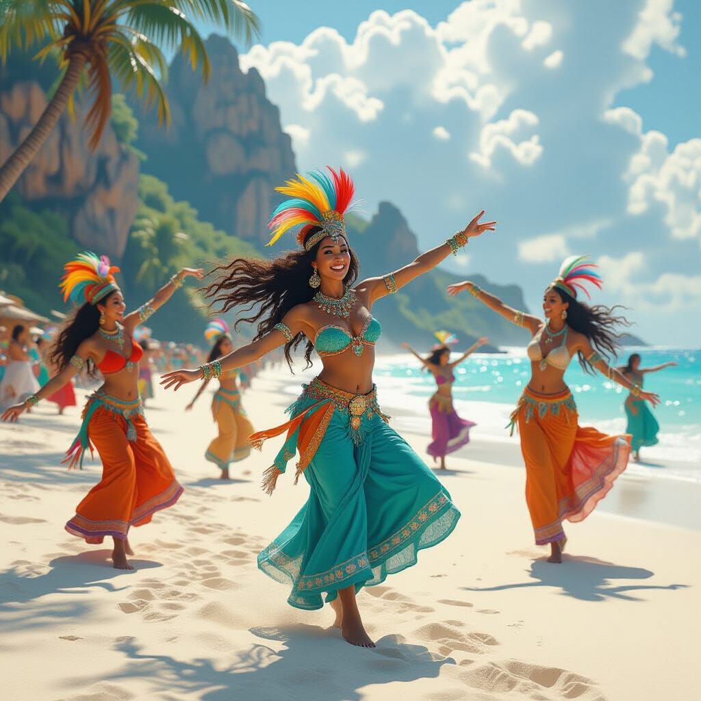 Joyful Dancers on a Turquoise Beach in Fantasy Style