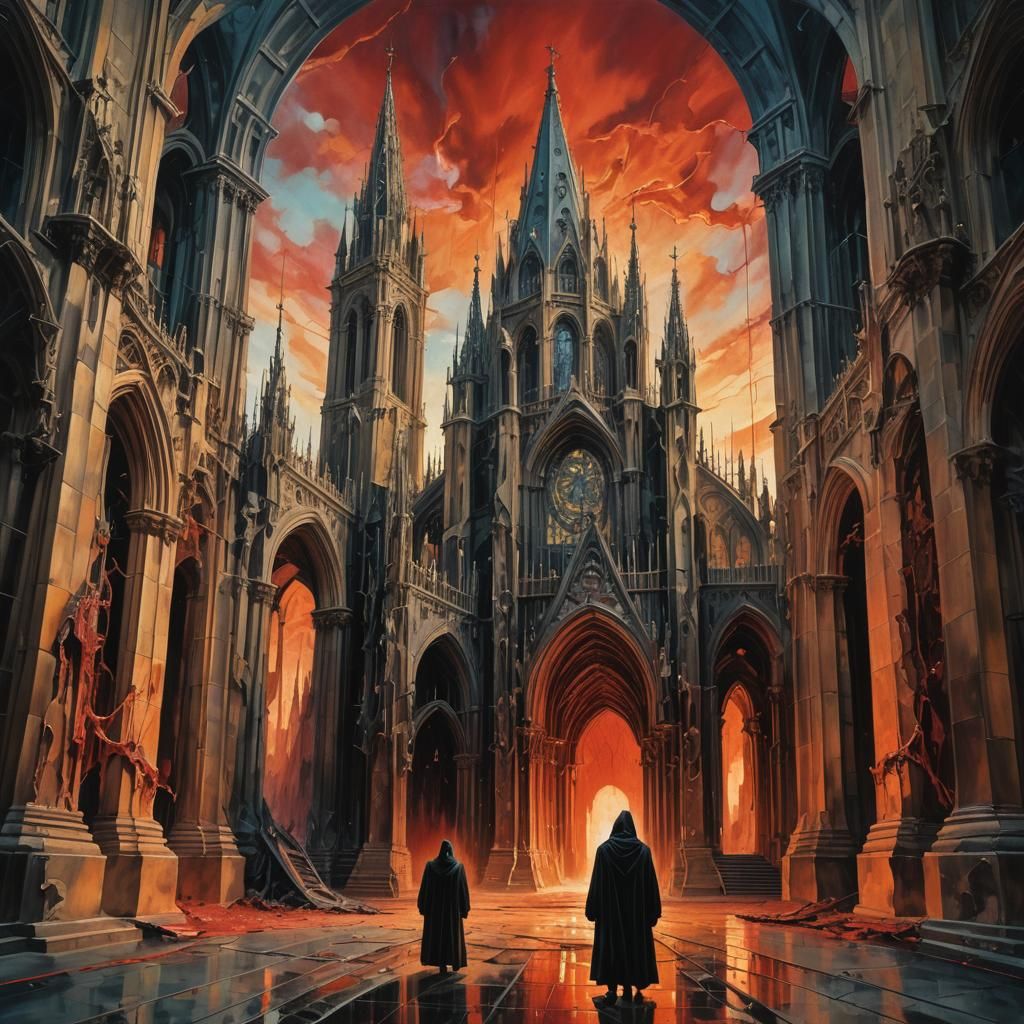 Hooded Figure at Gothic Cathedral in Surreal Style