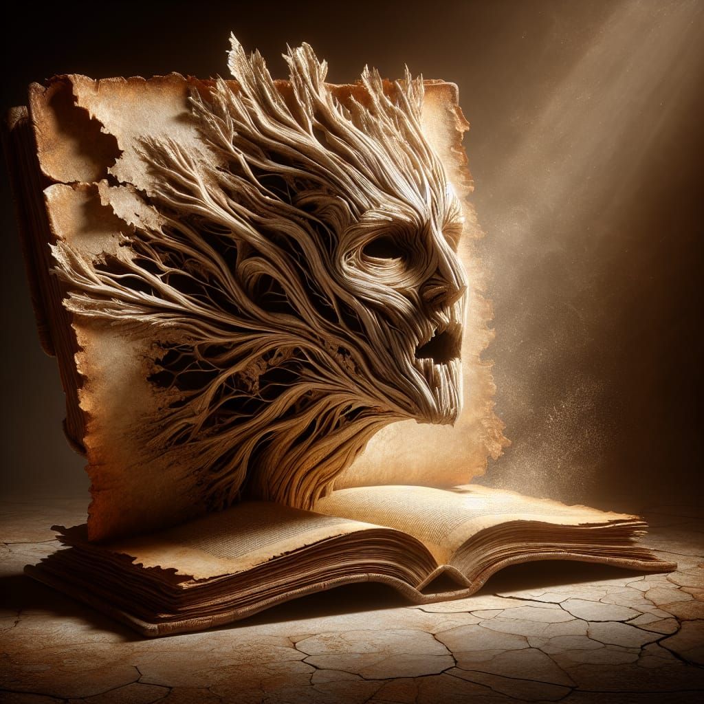 Ancient, Twisted Human Face Emerges from Crumbling Book