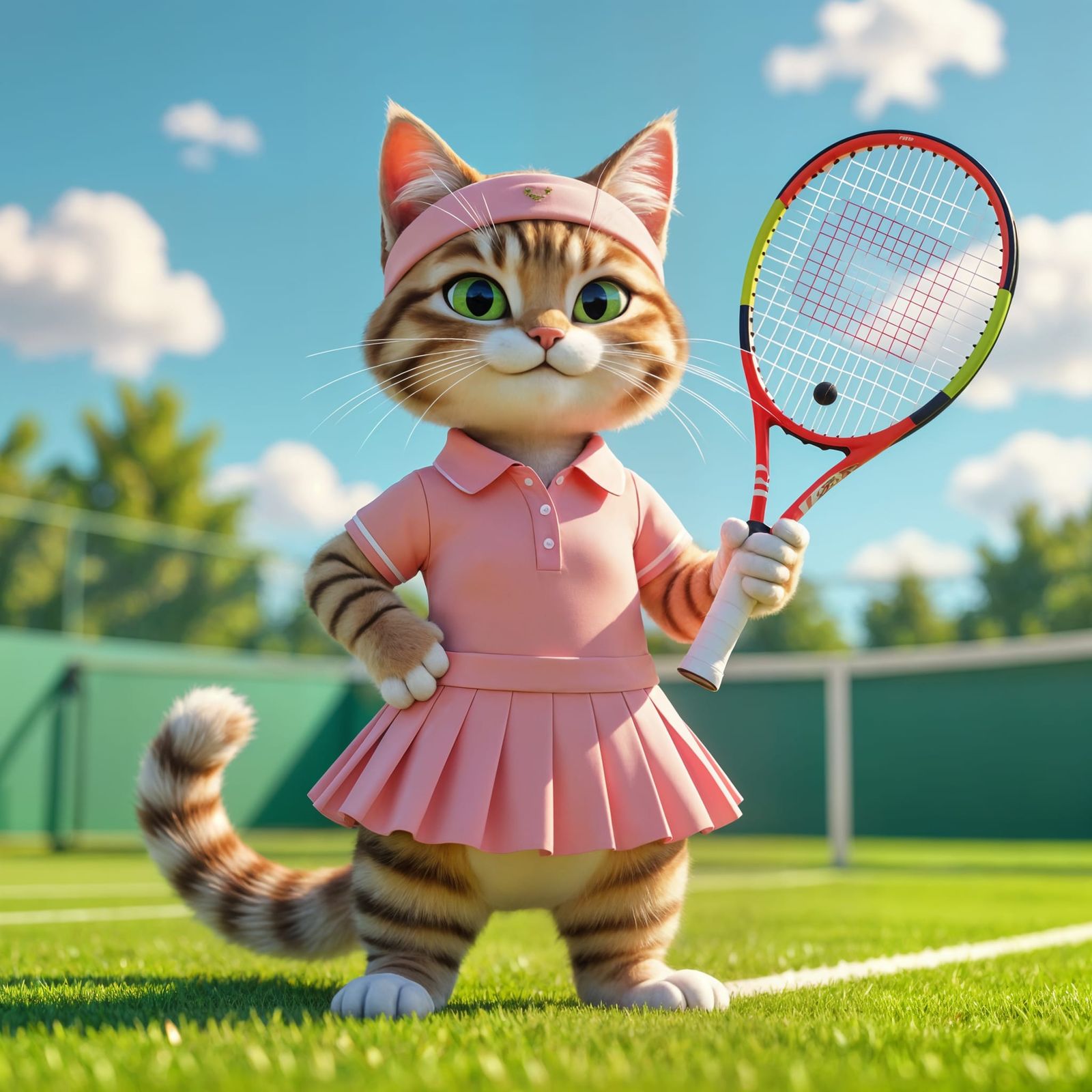 Whimsical CGI Tabby Cat on Tennis Court