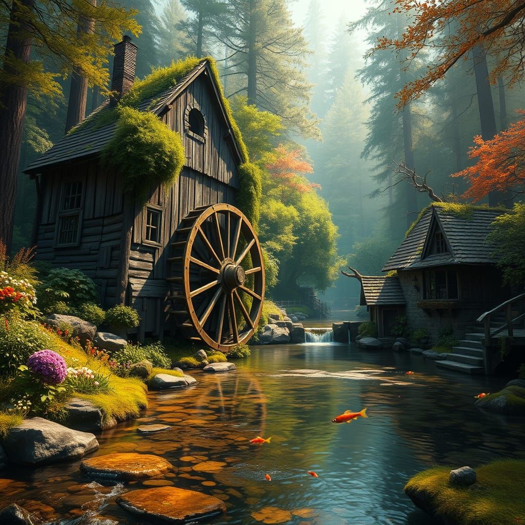 Whimsical Watermill Amidst Enchanted Forest