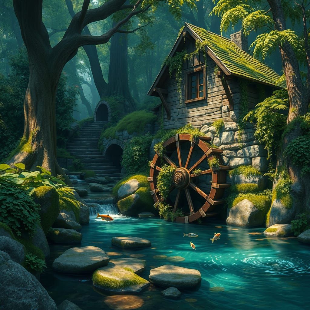 Ancient Watermill in a Mystical Forest