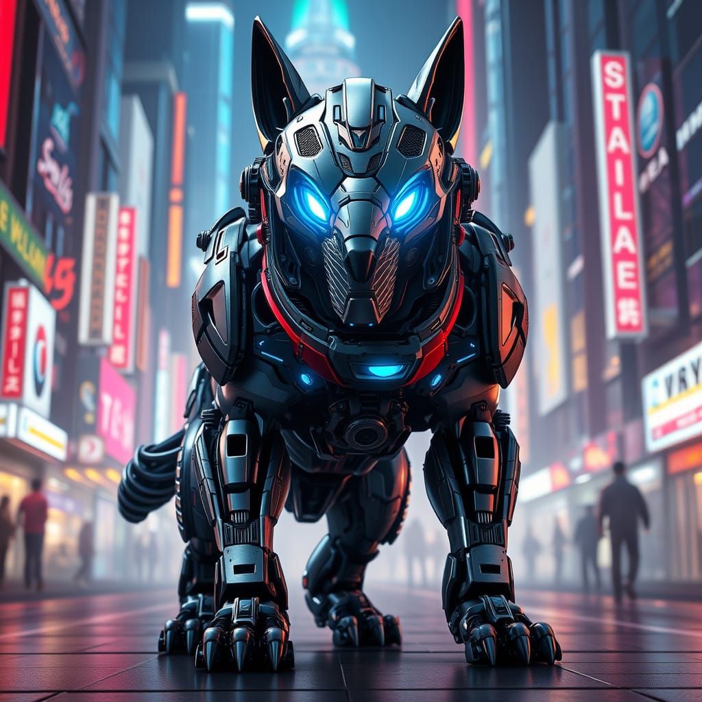 Cyberpunk Guard Dog in Neon Cityscape