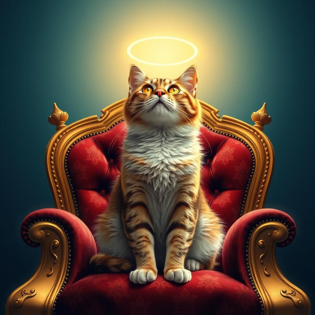 Regal Cat with Halo on Velvet Throne