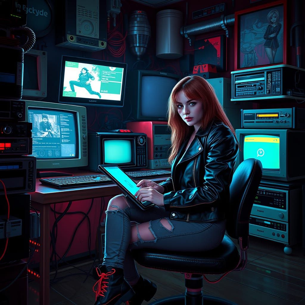 Cyberpunk Woman Working in Dystopian Apartment